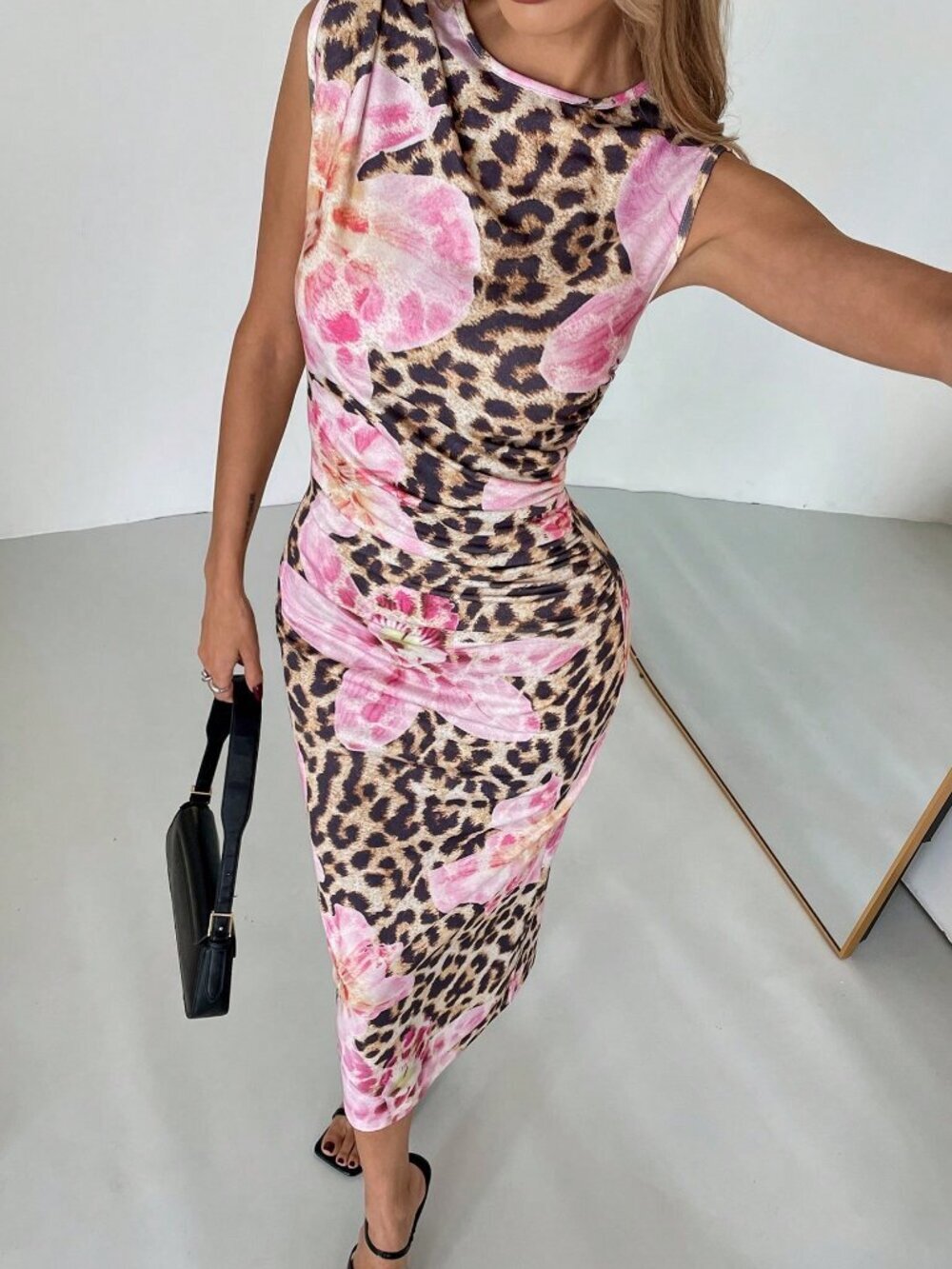 Casual Women's Leopard Floral Print Fitted Sleeveless Dress